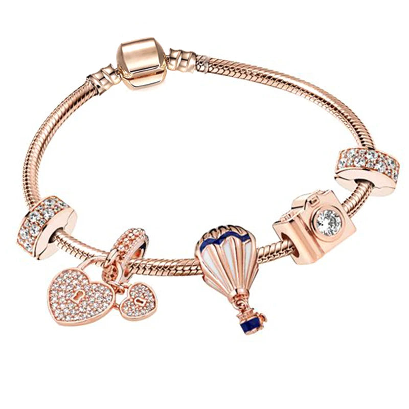 European Heart-shaped Pendant Charm Bracelet Fit Women's Jewellery Snake Chain Rose Gold Metal Fashion Fine Bracelets