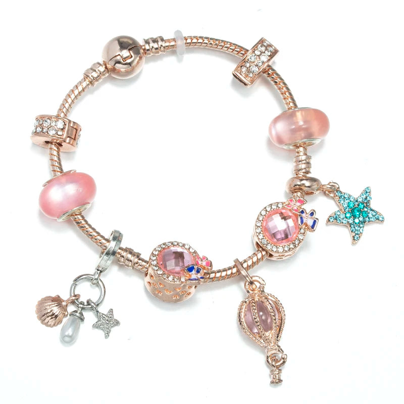 European Heart-shaped Pendant Charm Bracelet Fit Women's Jewellery Snake Chain Rose Gold Metal Fashion Fine Bracelets