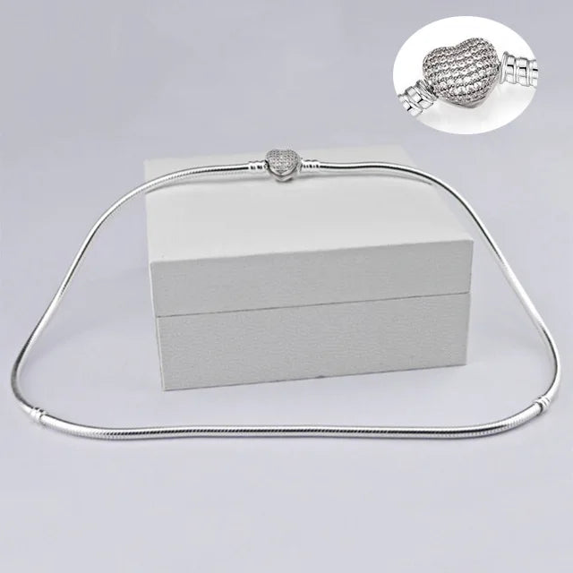 Heart Love 925 Sterlin Silver Snake Chain Necklace Secure Ball Clasp Beads Charms Chocker Necklace For Women Wedding DIY Jewelry
