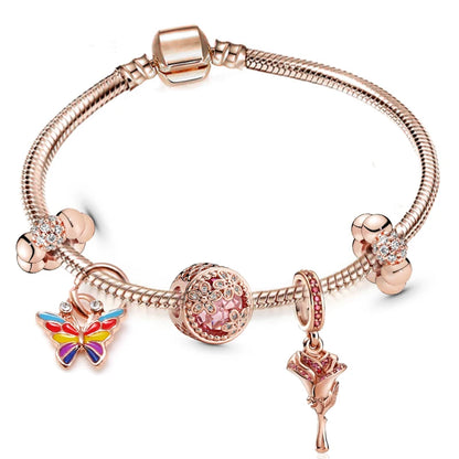 European Heart-shaped Pendant Charm Bracelet Fit Women's Jewellery Snake Chain Rose Gold Metal Fashion Fine Bracelets