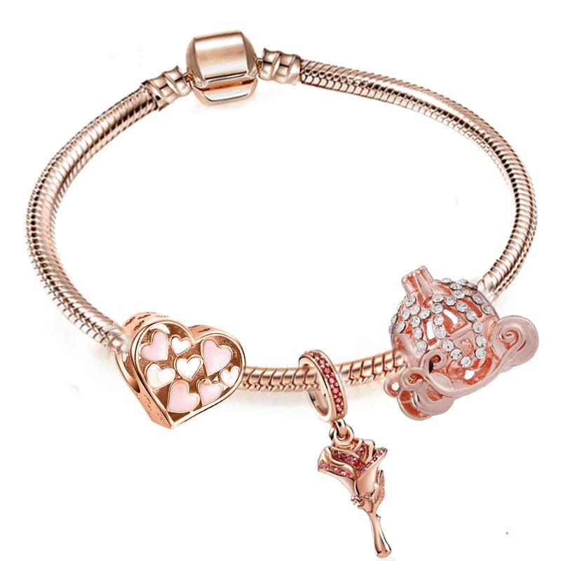European Heart-shaped Pendant Charm Bracelet Fit Women's Jewellery Snake Chain Rose Gold Metal Fashion Fine Bracelets