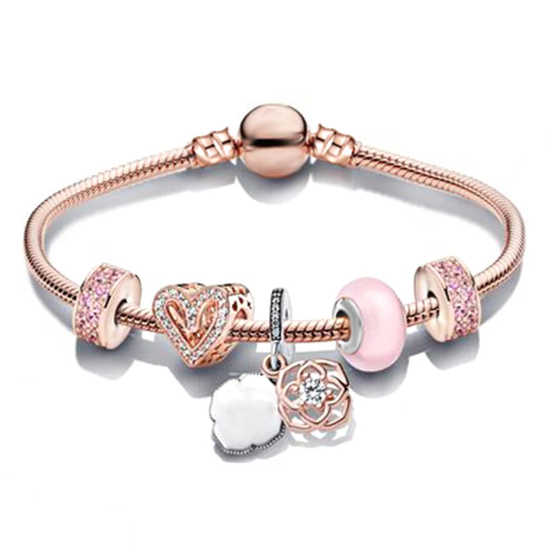 European Heart-shaped Pendant Charm Bracelet Fit Women's Jewellery Snake Chain Rose Gold Metal Fashion Fine Bracelets
