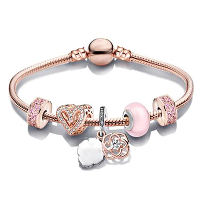 European Heart-shaped Pendant Charm Bracelet Fit Women's Jewellery Snake Chain Rose Gold Metal Fashion Fine Bracelets