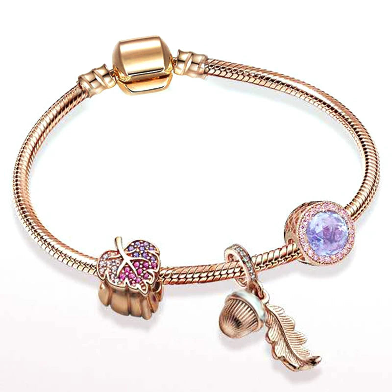 European Heart-shaped Pendant Charm Bracelet Fit Women's Jewellery Snake Chain Rose Gold Metal Fashion Fine Bracelets