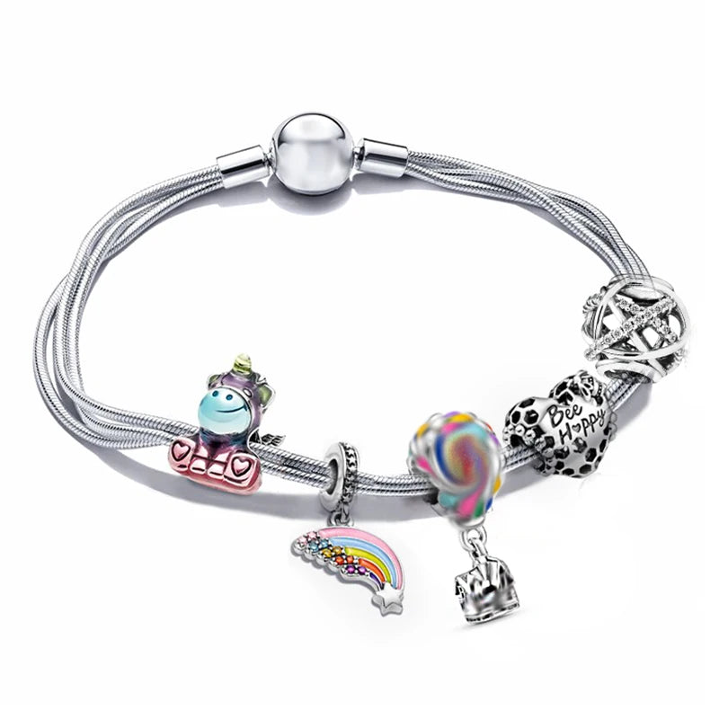 European Heart-shaped Pendant Charm Bracelet Fit Women's Jewellery Snake Chain Rose Gold Metal Fashion Fine Bracelets