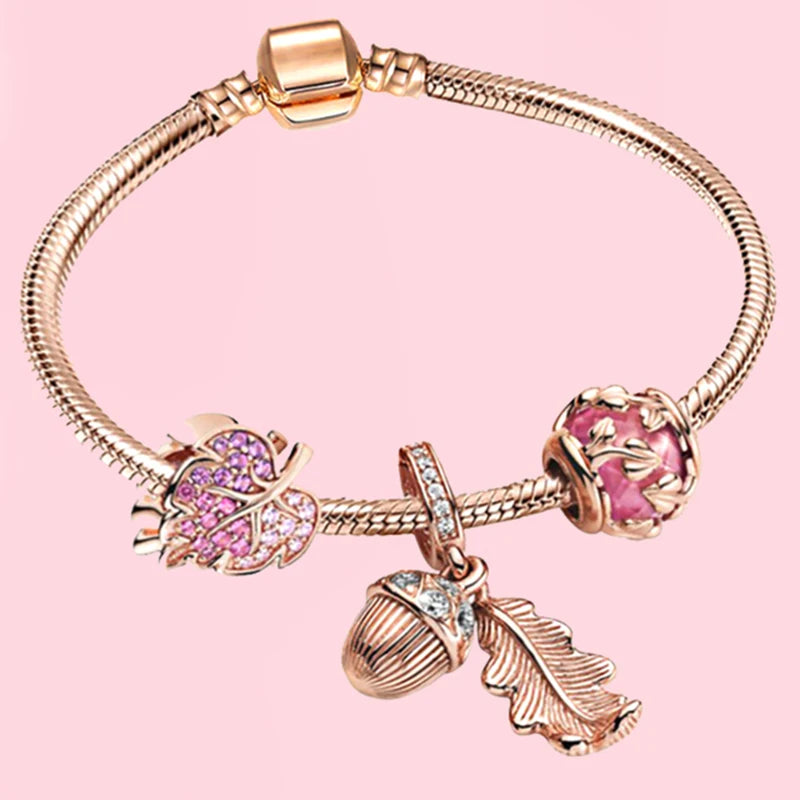 European Heart-shaped Pendant Charm Bracelet Fit Women's Jewellery Snake Chain Rose Gold Metal Fashion Fine Bracelets