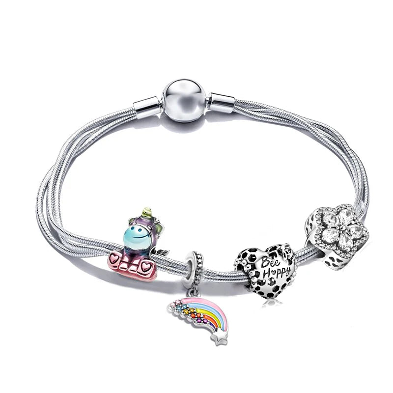 European Heart-shaped Pendant Charm Bracelet Fit Women's Jewellery Snake Chain Rose Gold Metal Fashion Fine Bracelets