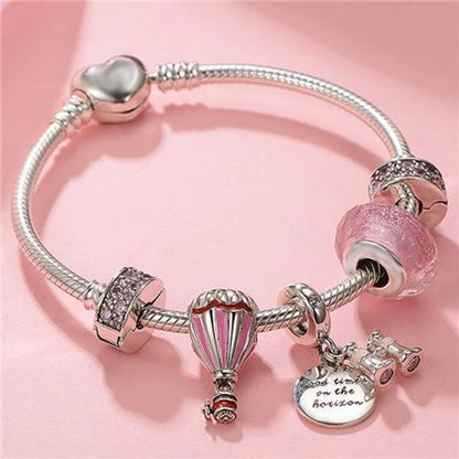 European Heart-shaped Pendant Charm Bracelet Fit Women's Jewellery Snake Chain Rose Gold Metal Fashion Fine Bracelets