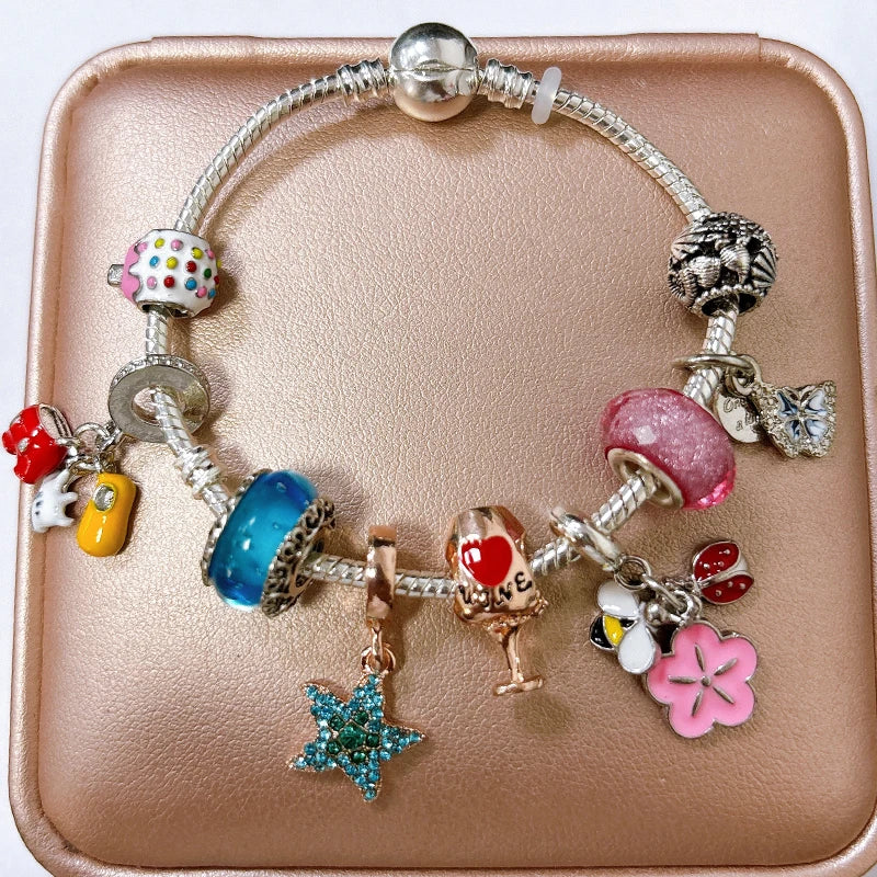 European Heart-shaped Pendant Charm Bracelet Fit Women's Jewellery Snake Chain Rose Gold Metal Fashion Fine Bracelets