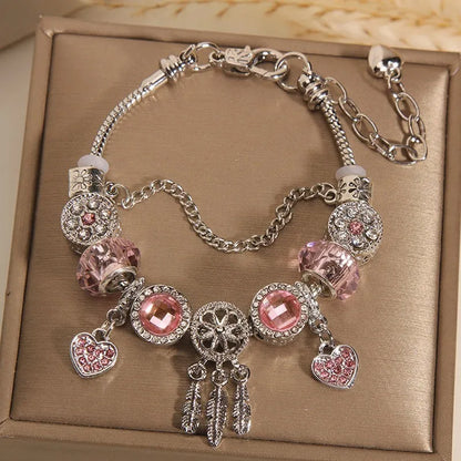 European Heart-shaped Pendant Charm Bracelet Fit Women's Jewellery Snake Chain Rose Gold Metal Fashion Fine Bracelets