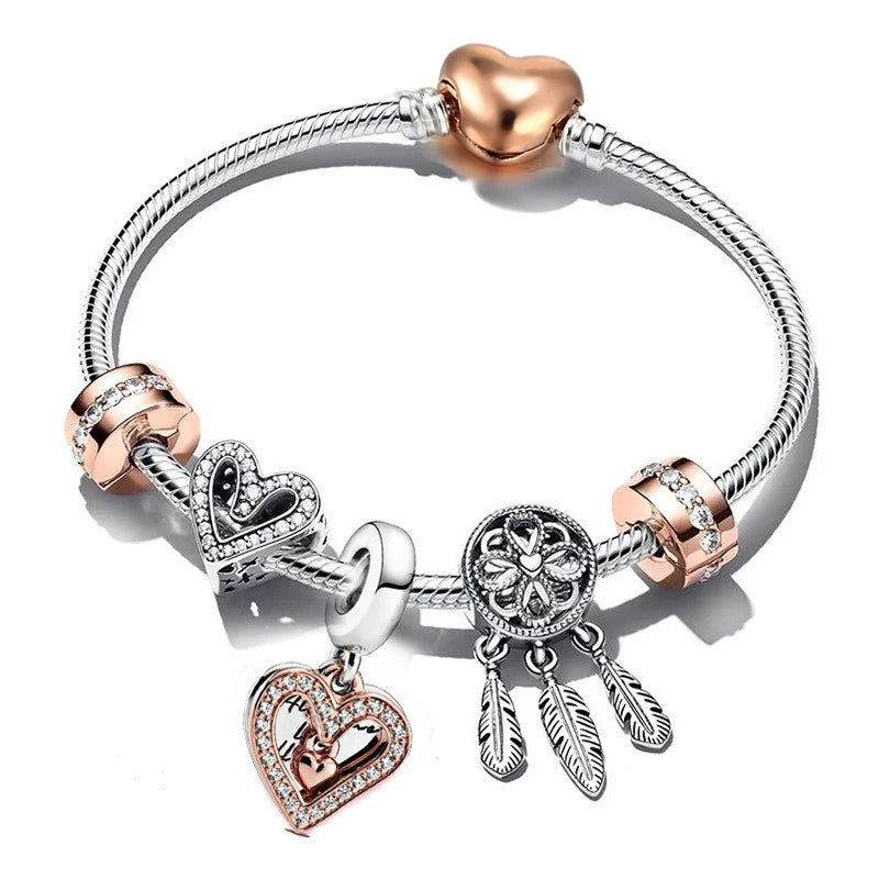 European Heart-shaped Pendant Charm Bracelet Fit Women's Jewellery Snake Chain Rose Gold Metal Fashion Fine Bracelets