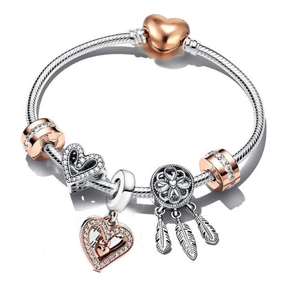 European Heart-shaped Pendant Charm Bracelet Fit Women's Jewellery Snake Chain Rose Gold Metal Fashion Fine Bracelets