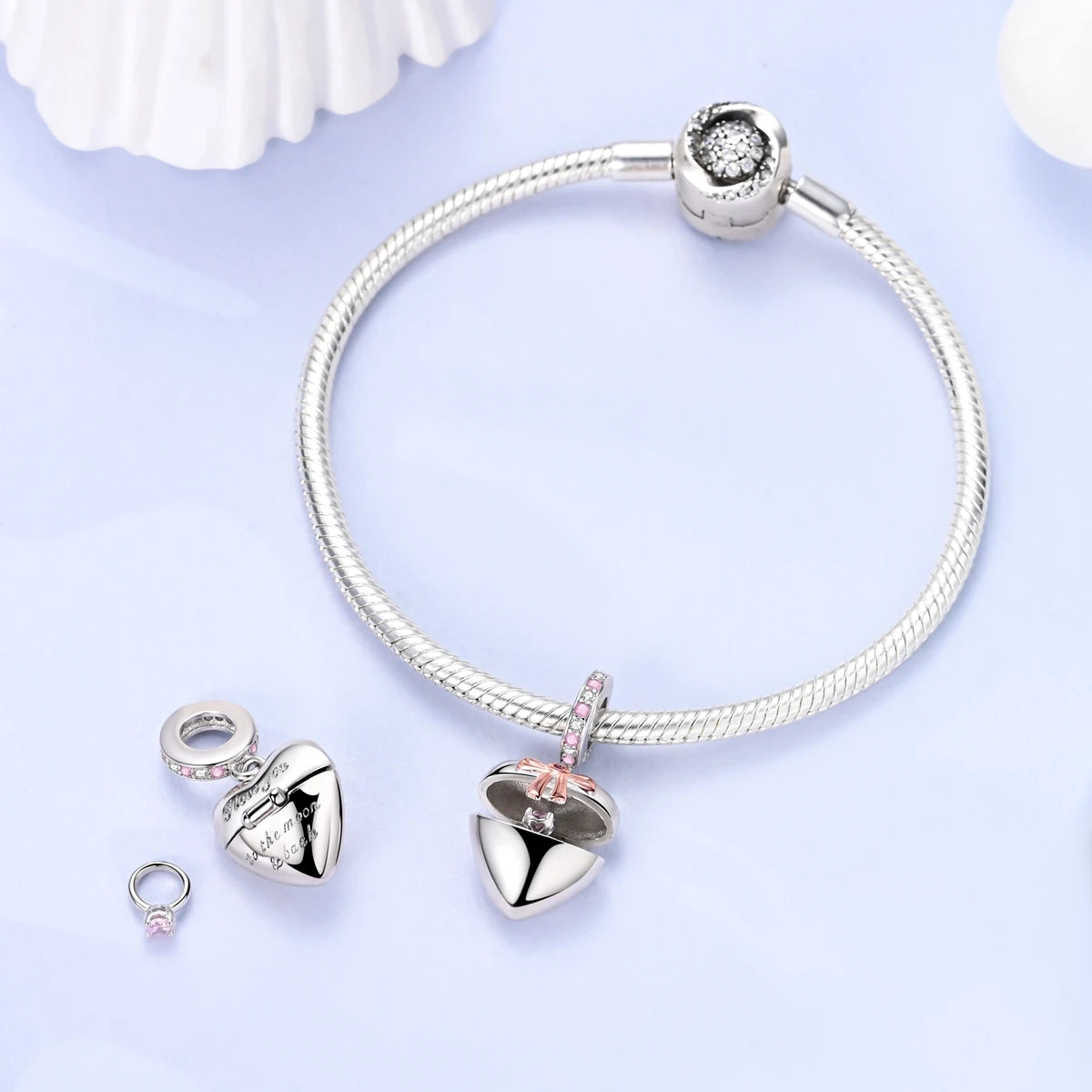 New IN 925 Sterling Silver Can Be Opened Heart Bow Pendant Charms Beads Jewellery Fit 925 Original Bracelet For Women DIY Gift