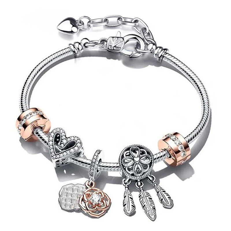 European Heart-shaped Pendant Charm Bracelet Fit Women's Jewellery Snake Chain Rose Gold Metal Fashion Fine Bracelets