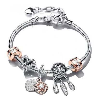 European Heart-shaped Pendant Charm Bracelet Fit Women's Jewellery Snake Chain Rose Gold Metal Fashion Fine Bracelets