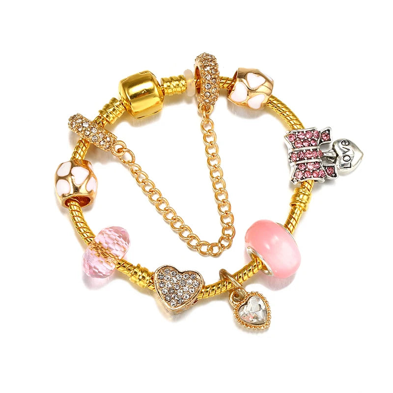 European Heart-shaped Pendant Charm Bracelet Fit Women's Jewellery Snake Chain Rose Gold Metal Fashion Fine Bracelets