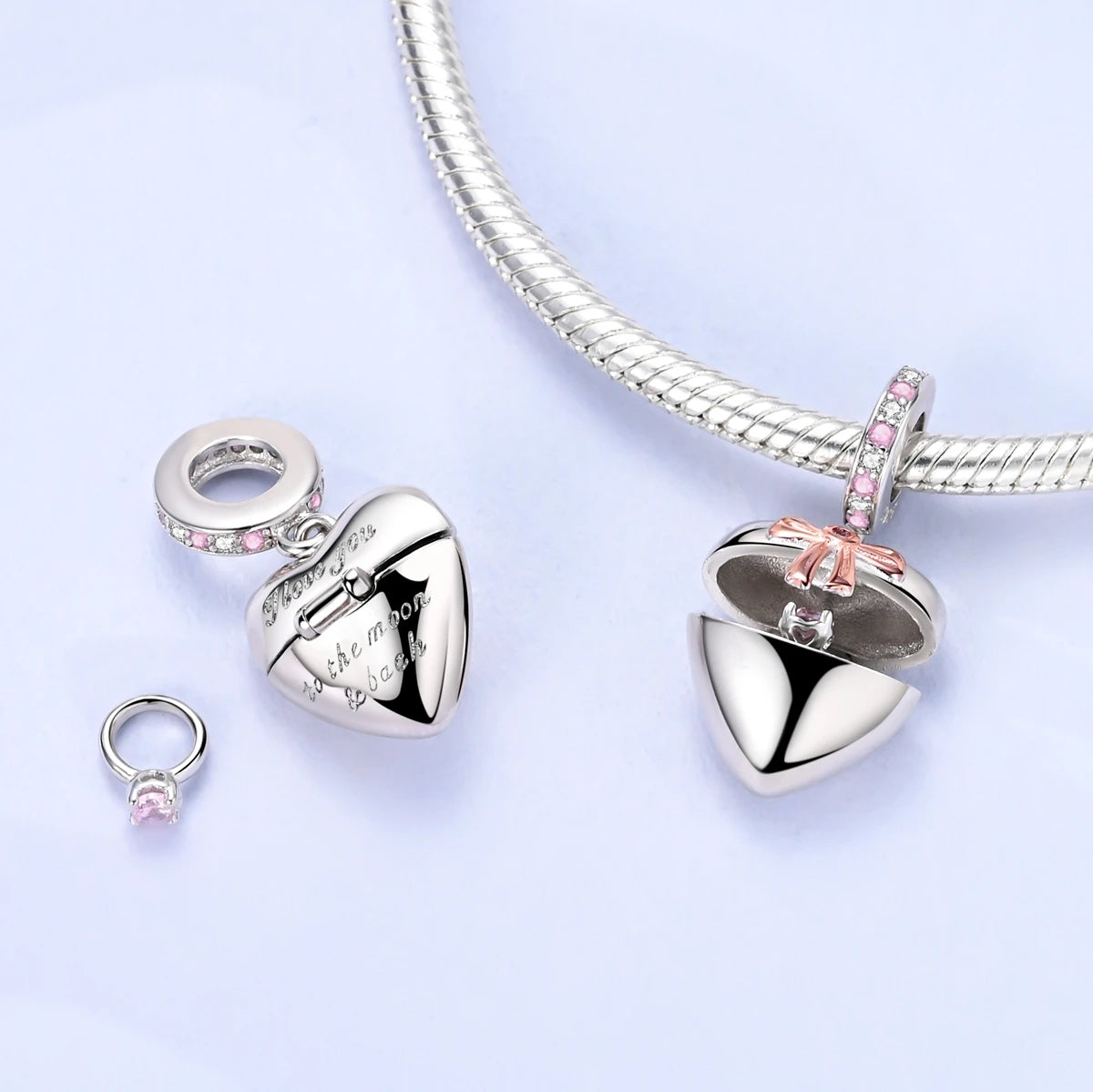 New IN 925 Sterling Silver Can Be Opened Heart Bow Pendant Charms Beads Jewellery Fit 925 Original Bracelet For Women DIY Gift