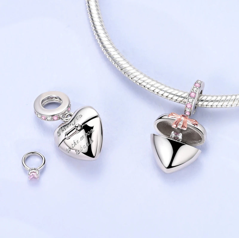 New IN 925 Sterling Silver Can Be Opened Heart Bow Pendant Charms Beads Jewellery Fit 925 Original Bracelet For Women DIY Gift