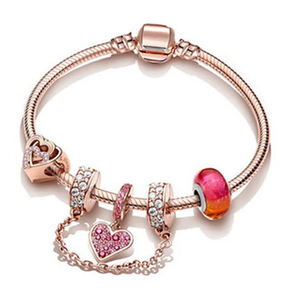 European Heart-shaped Pendant Charm Bracelet Fit Women's Jewellery Snake Chain Rose Gold Metal Fashion Fine Bracelets