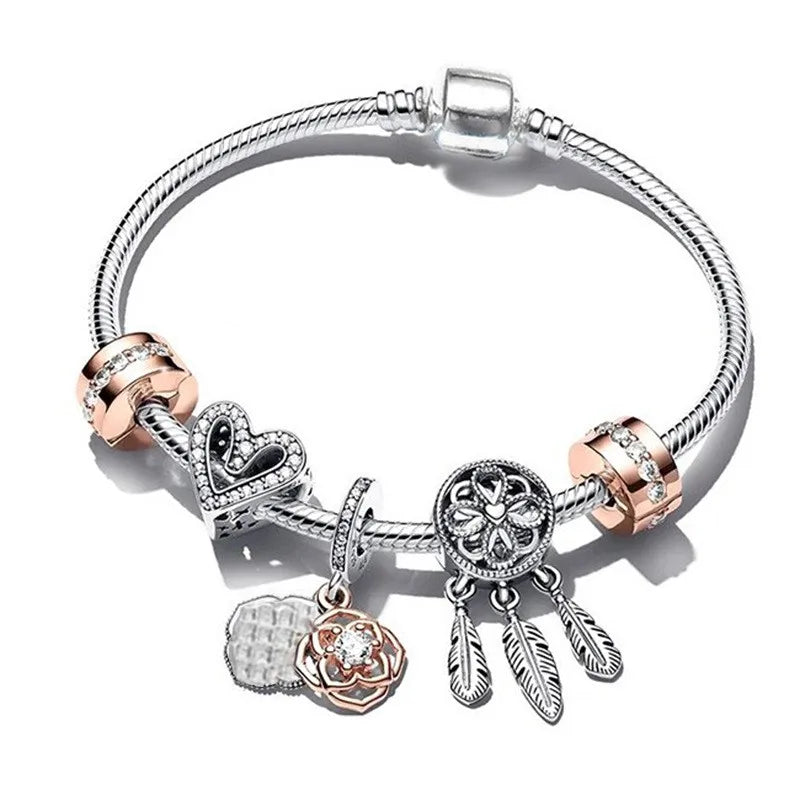 European Heart-shaped Pendant Charm Bracelet Fit Women's Jewellery Snake Chain Rose Gold Metal Fashion Fine Bracelets