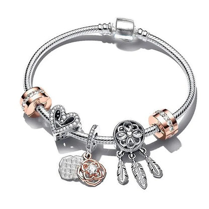 European Heart-shaped Pendant Charm Bracelet Fit Women's Jewellery Snake Chain Rose Gold Metal Fashion Fine Bracelets